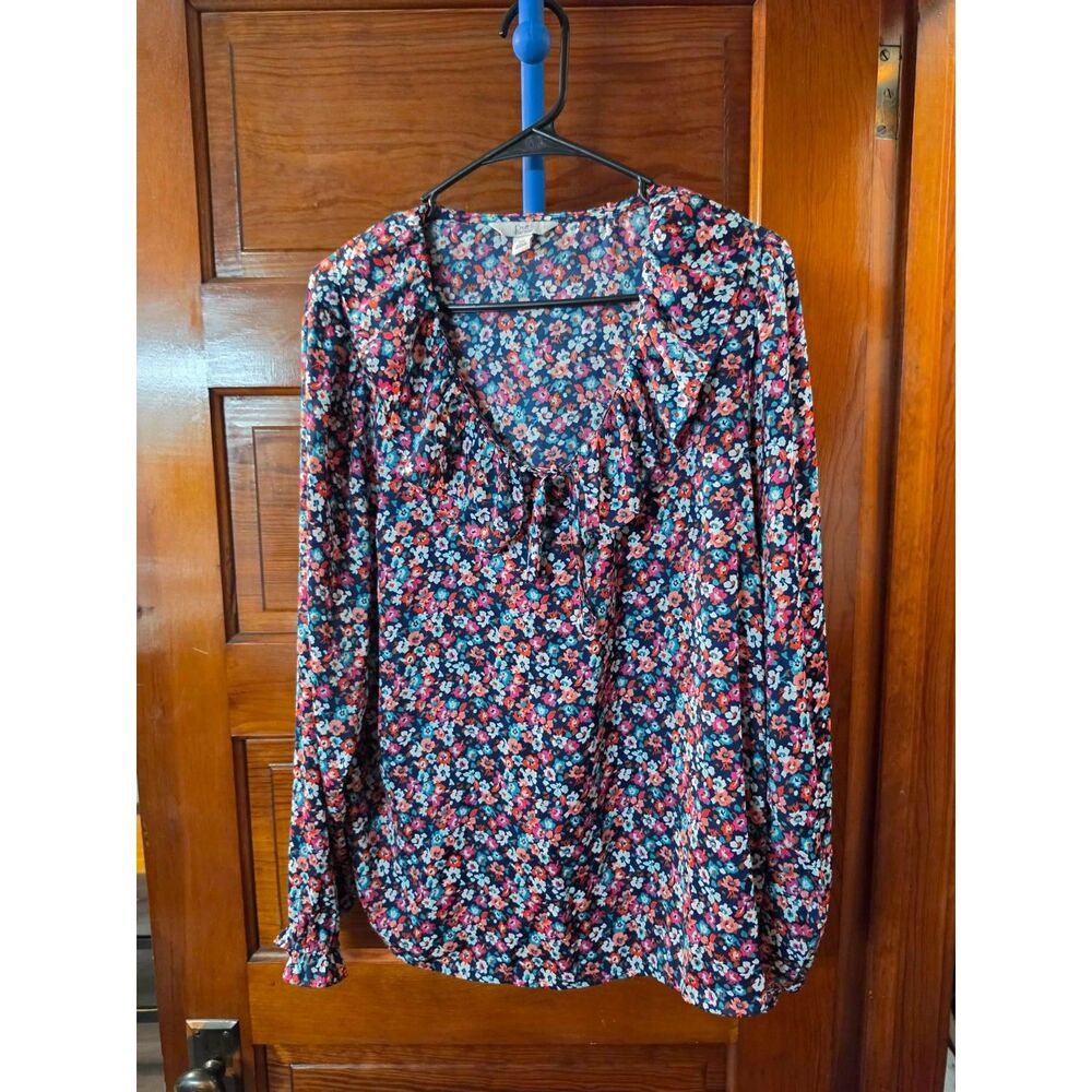 Croft & Barrow Women's XXL Floral Blouse Long Sleeve Ruffle Tie Neck